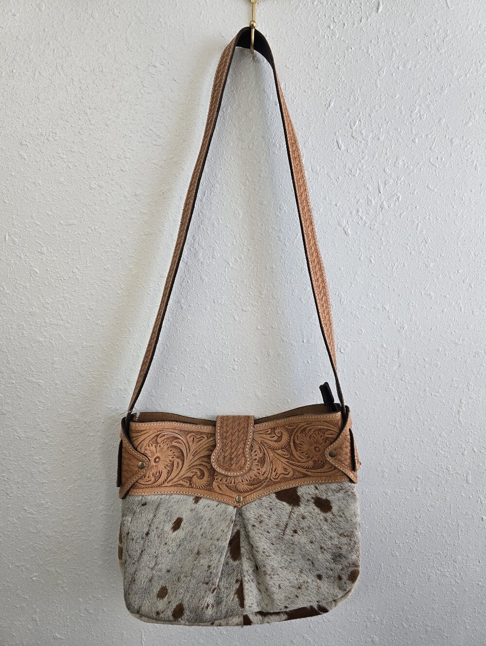 Genuine Cowhide Tooled Leather Shoulder Bag Western Purse Brown Cream